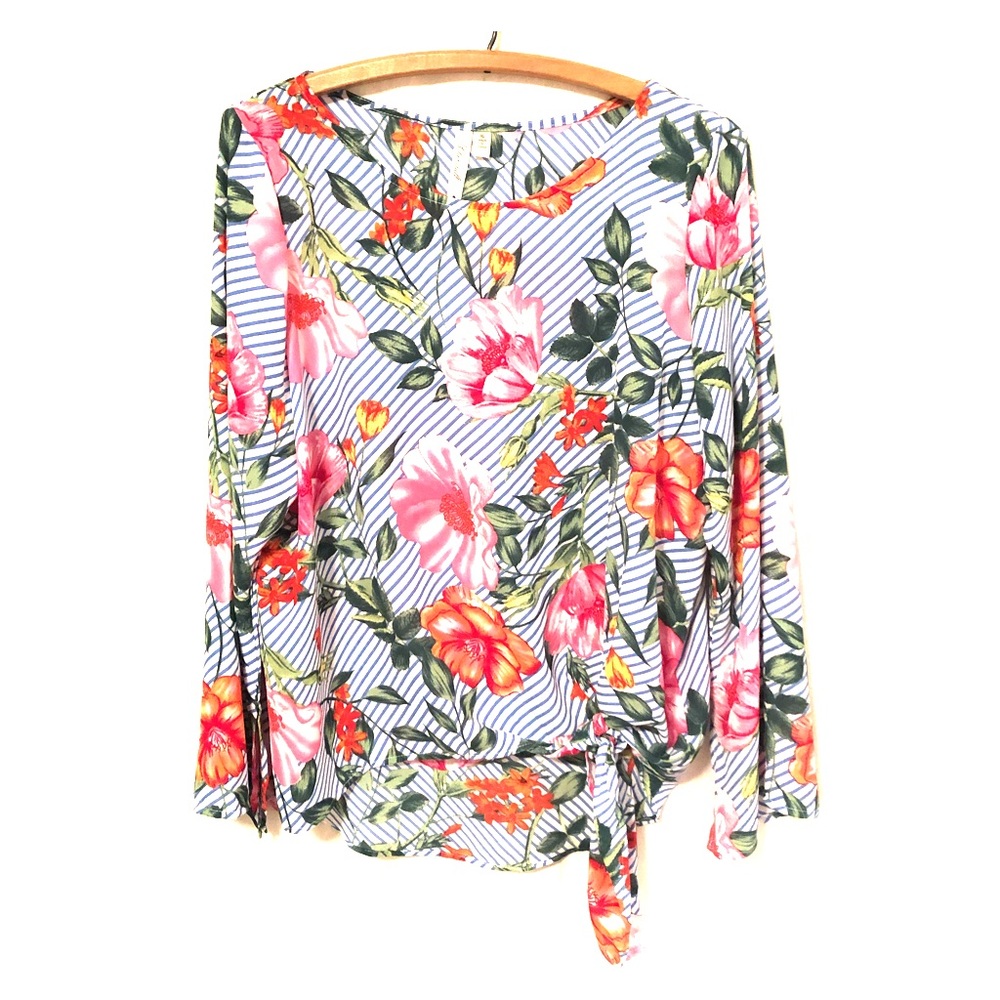 Flowy Floral & Stripe Top with Tie Detail